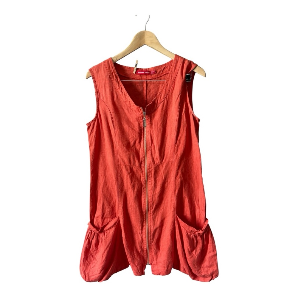 Banana Split Linen Zip Front Sleeveless Dress Size 12 Red Pockets Casual Summer